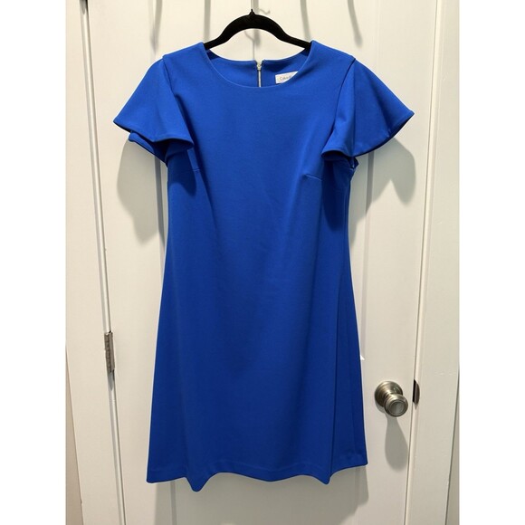 Women’s Calvin Klein Capri Blue Stretch Crepe Flutter Slv Shift Dress 12 Large - Picture 1 of 5